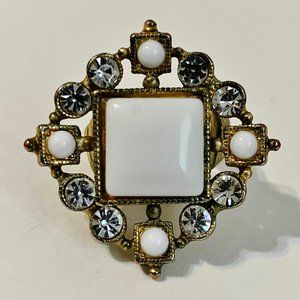 RA Ring White Stone Clear Rhinestones Gold Metal Filigree Stretch Band Statement
